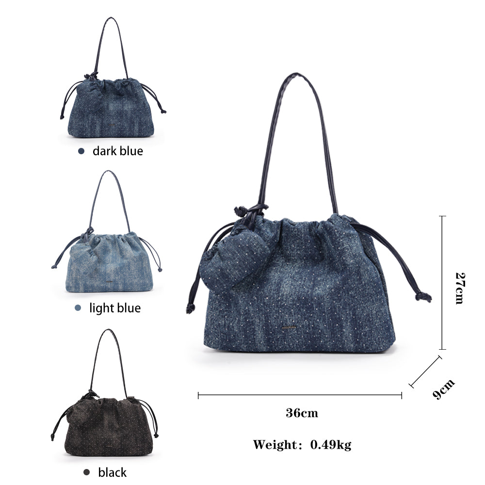 Large capacity PU shoulder bag in starry color scheme with pleated drawstring design, fashionable and versatile